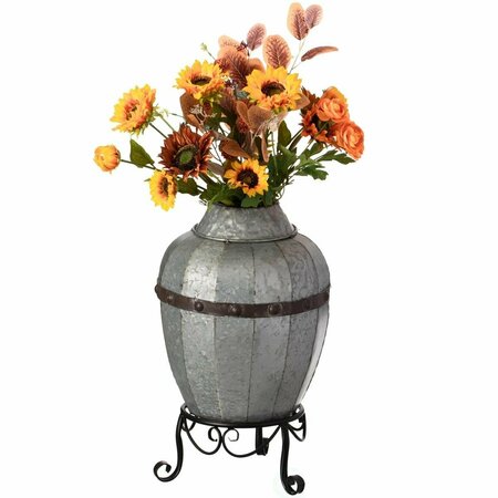FORO Rustic Silver Galvanized Barrel Shape Planter and Vase with Metal Stand FO3177855